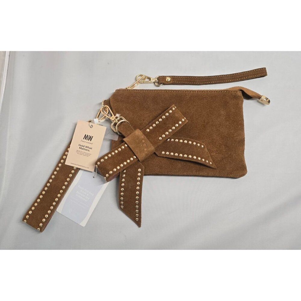 Brown Suede Wristlet Clutch Studded Bow & Detachable Strap boho western cottage